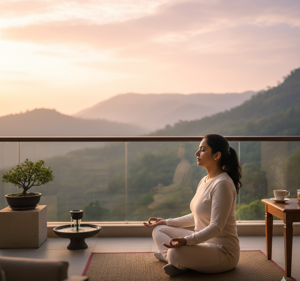 Peaceful pre-Darshan preparation at Lake Valley Resort